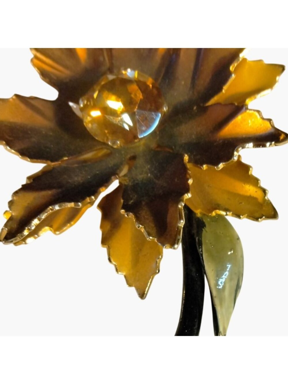Flower Brooch Amber Rhinestone Vintage Gold Toned Enamel Stem - Picture 6 of 6